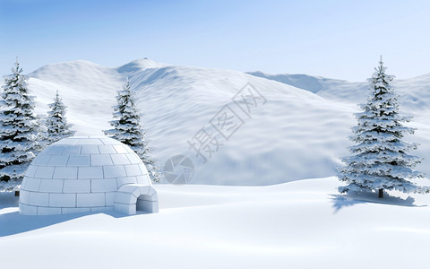 大冰的小屋雪地的冰山和松树覆盖着雪北极风景背景