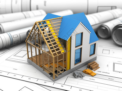 3d参照蓝图背景来说明框架房屋结构设计图片