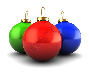 3d三个彩色的圣诞节球在白色背景上插图图片