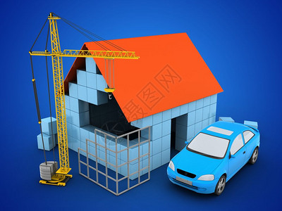 蓝色背景上带汽车和建筑工地的街区房屋的三维插图3d车图片