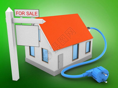 绿色背景上的红色屋顶的三维插图带有电力电缆和销售标志3d房子红色屋顶图片