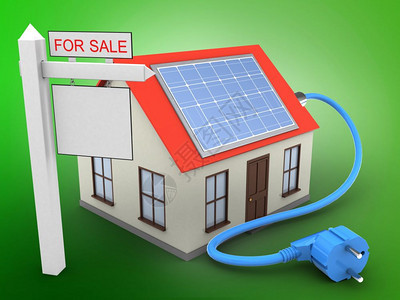 3d以太阳能和销售标志取代绿色背景的通用房屋3d销售标志图片
