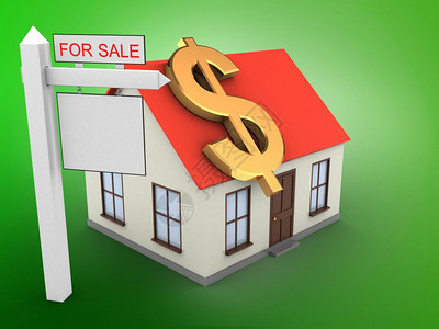 3d以美元标志和销售为代表绿色背景的通用房屋图图片