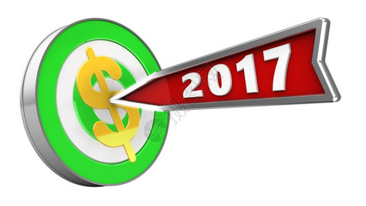 3d显示绿色目标以2017年箭头和白背景的美元符号显示图片