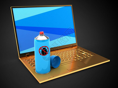 3d显示金色电脑在黑背景上蓝屏幕和图片
