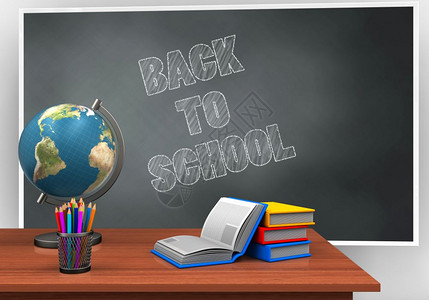 书桌插画3d黑板插图背回学校课本和书籍黑板背景
