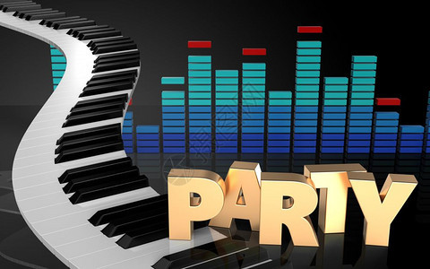 3d插图钢琴键在黑色背景与党标志3d钢琴键派对签名背景图片