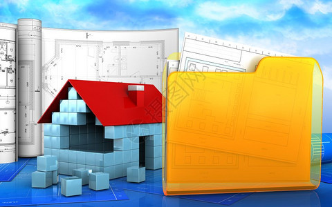 以天空为背景的房屋建筑的三维插图住宅小区建设的三维设计图片