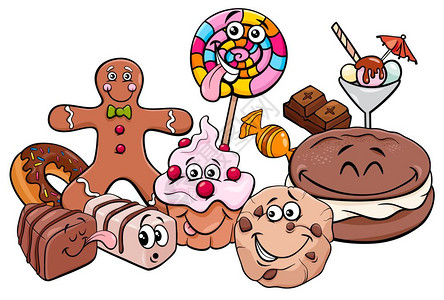甜食如蛋糕和饼干人物的漫画插图图片