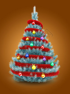 3d蓝色圣诞树在橙背景上加红锡和玻璃球的蓝色圣诞树插图图片