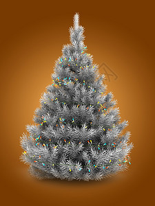 3d银色圣诞树在橙背景上加灯光的银色圣诞树插图图片