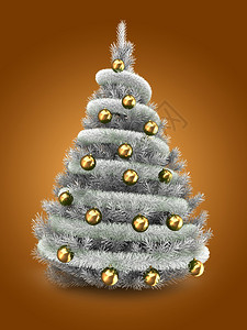3d银色圣诞树在橙背景上加银的棕树和有锡灰金球的3d插图图片
