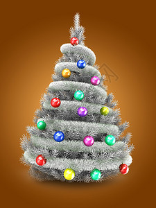 3d银色圣诞树在橙背景上加银的圣诞树和有球彩的3d插图图片