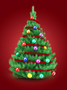 3d说明红背景上的圣诞树与红色和彩球的圣诞树图片