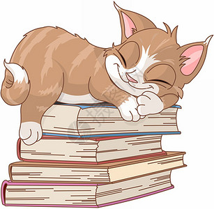 可爱的猫睡在一堆书上背景图片