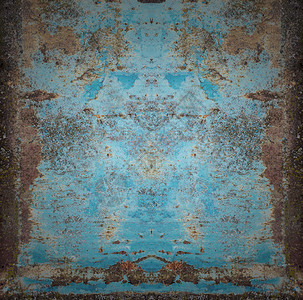 古老的董背景生锈金属表面含蓝色涂料粉片和碎裂纹理图片