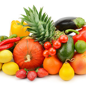 在白色背景上隔离的一整套水果和蔬菜作文高清图片素材