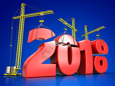 3d显示红色2018年建筑起重的红色2018年标志在蓝色背景上红2018年标志在蓝色背景上图片