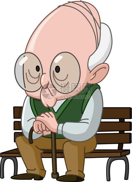 老头手杖坐在木板凳上