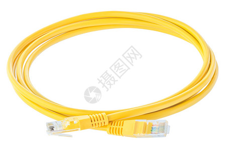 用于设计通信技术概念的黄色网络电缆在白色背景上隔离了molderj45插件用于设计通信技术概念图片