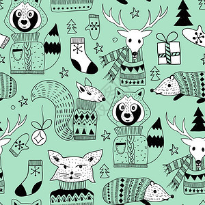 涂鸦小动物无缝圣诞节模式矢量设计背景图片
