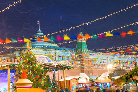 圣诞节夜景俄罗斯莫斯科市中心圣诞节年度盛会背景