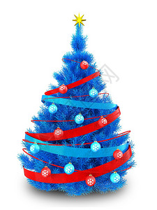 蓝色圣诞树与彩带白色背景的三维插图3d蓝色圣诞树背景