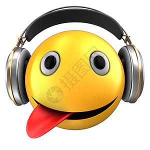 白色背景上带耳机的黄色表情微笑的3d插图3d黄色表情微笑图片