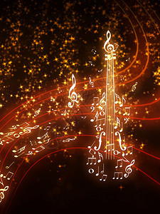 小提琴的轮廓是用带闪光火花的背景音乐笔记制作的图片