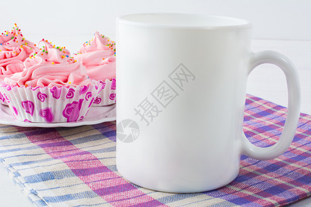 咖啡杯面巾检查白杯面产品模型风格化的产品白色杯面咖啡图片