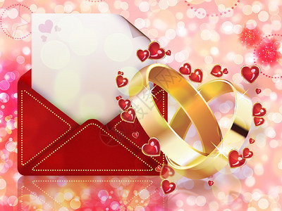 婚礼背景漂亮的卡片两张结婚戒指和红信封图片