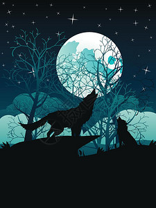 在月光下的树林里咆哮的狼矢量卡通插画图片