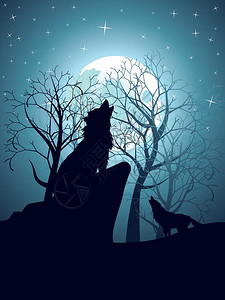 在月光下的树林里咆哮的狼矢量卡通插画背景图片