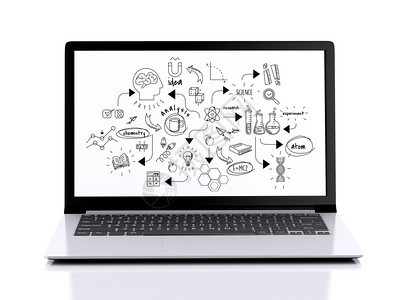 带有chemestry草图的现代笔记本电脑的图像白色背景上的3d插图教育理念带chemestry草图的3d现代笔记本电脑图片