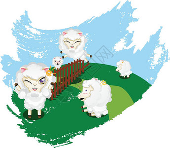 可爱的滑稽绵羊在绿草坪上跳过栅栏图片