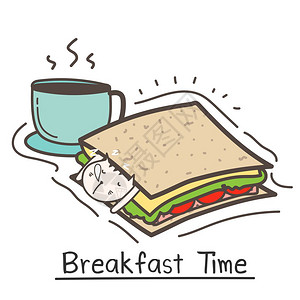 和可爱的猫三明治和咖啡一起吃早餐矢量插图图片