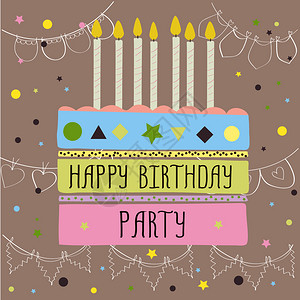 生日晚会用蛋糕和蜡烛刻卡片矢量说明生日派对快乐用蛋糕和蜡烛刻卡片图片
