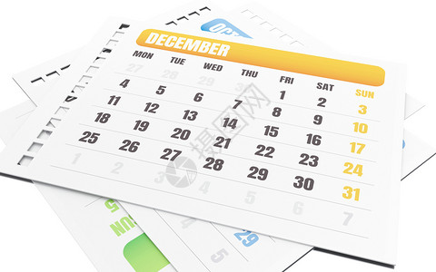 3d插图堆叠的页面将日历撕掉十二月的日历孤立白背景图片