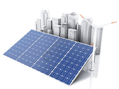 3个城市有风涡轮机和太阳能电池板替代源生态概念孤立的白色背景图片