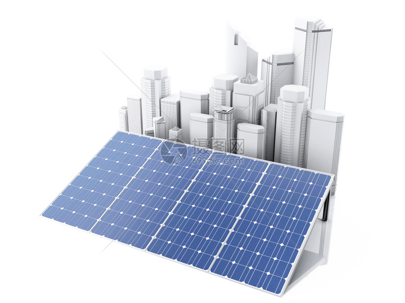 3个有太阳能电池板的城市替代能源生态概念孤立的白色背景图片