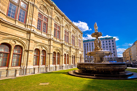 Viena州立歌剧院的喷泉和建筑景观奥地利首都图片
