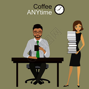 秘书带给经理或办公室员工很多纸咖啡任何时间股票矢量插图秘书带给经理或办公室员工很多纸图片