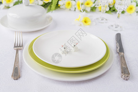 东边晚宴的经典白绿色瓷板银器白桌布上的春花背景图片