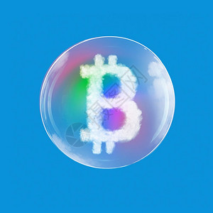 肥皂球与比特币图标内孤立在蓝色背景比特币图标孤立的肥皂球图片