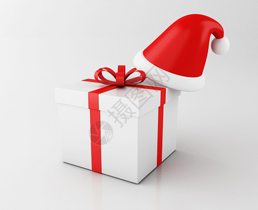 3d说明带圣塔帽的礼品盒冬假和圣诞快乐的概念图片