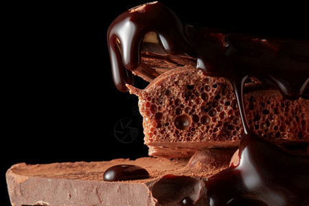 巧克力糖浆被倒在黑色隔离的深巧克力块上碎的巧克力块堆积如山图片