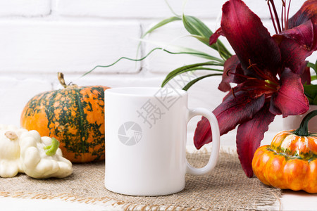 白咖啡杯感恩节糖橙色南瓜和红百合空杯装设计宣传图片