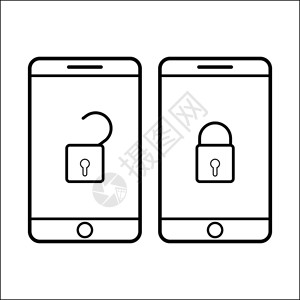 手机解锁带有打开和关闭锁定图像的智能手机黑大纲插画