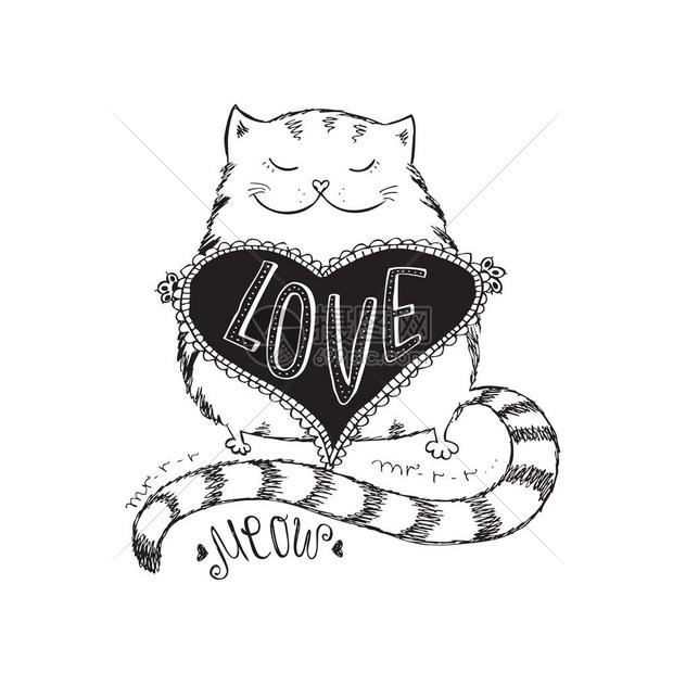 带心脏的可爱猫手画矢量插图
