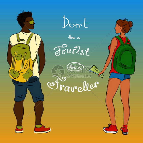 美容旅行者女和男背包矢量插图图片
